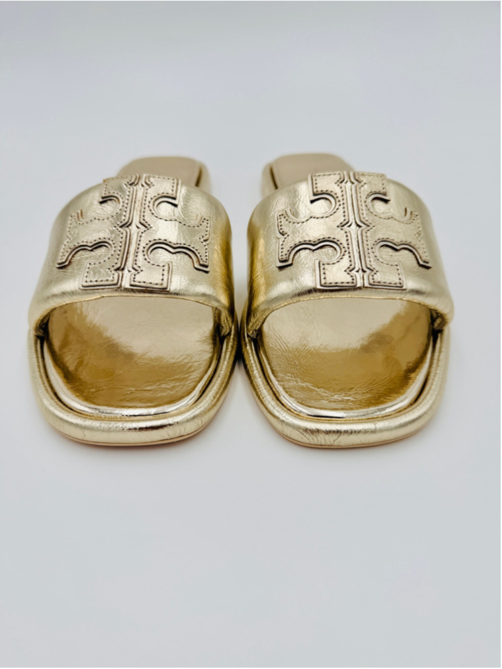 rch Double T Sport Slides Spark Gold Leather Sandals NWOB 8.5 140838 - Picture 5 of 9